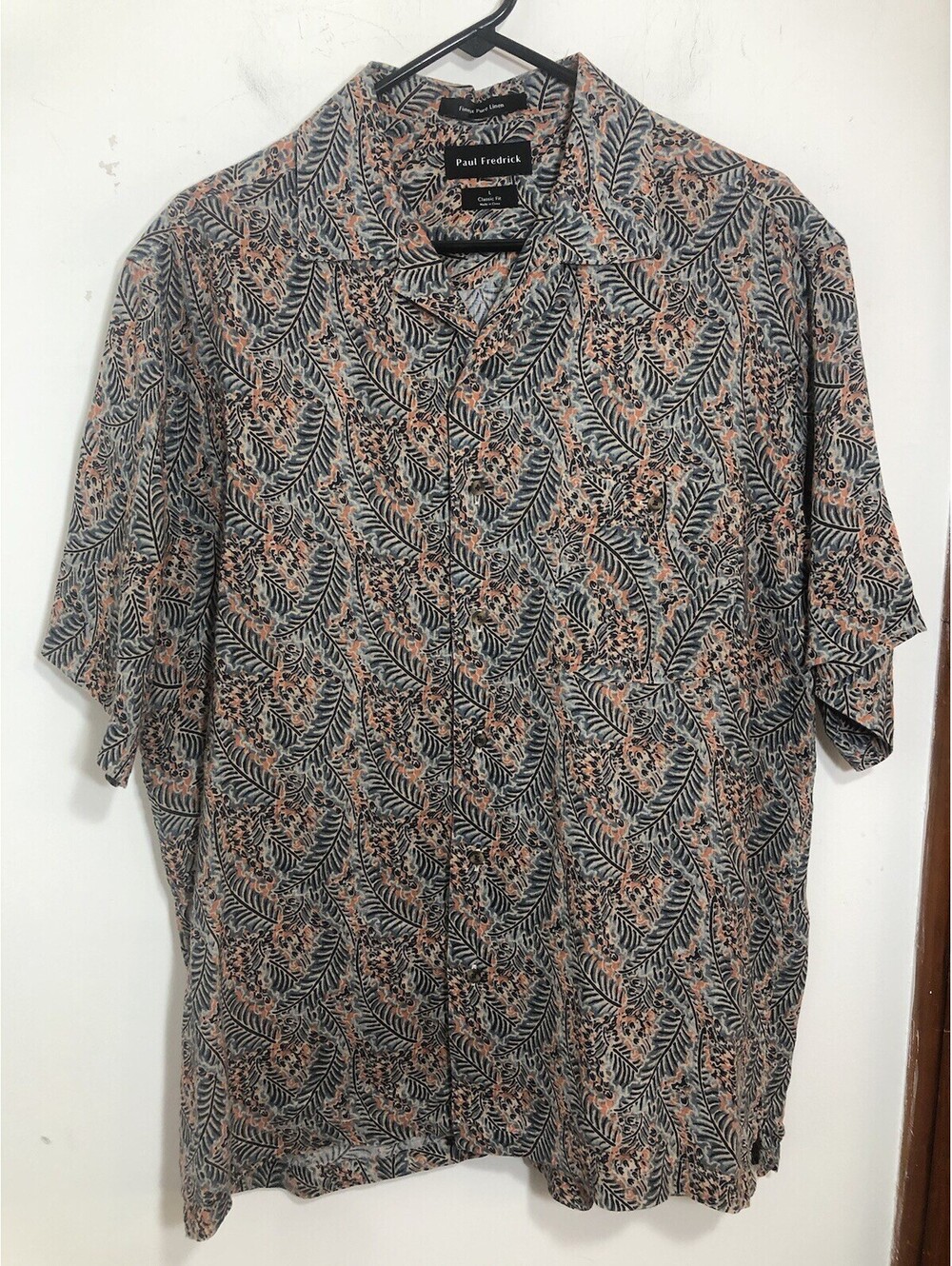 Paul Fredrick Mens Large Linen Shirt Short Sleeve Leaf Print Classic Fit Pocket